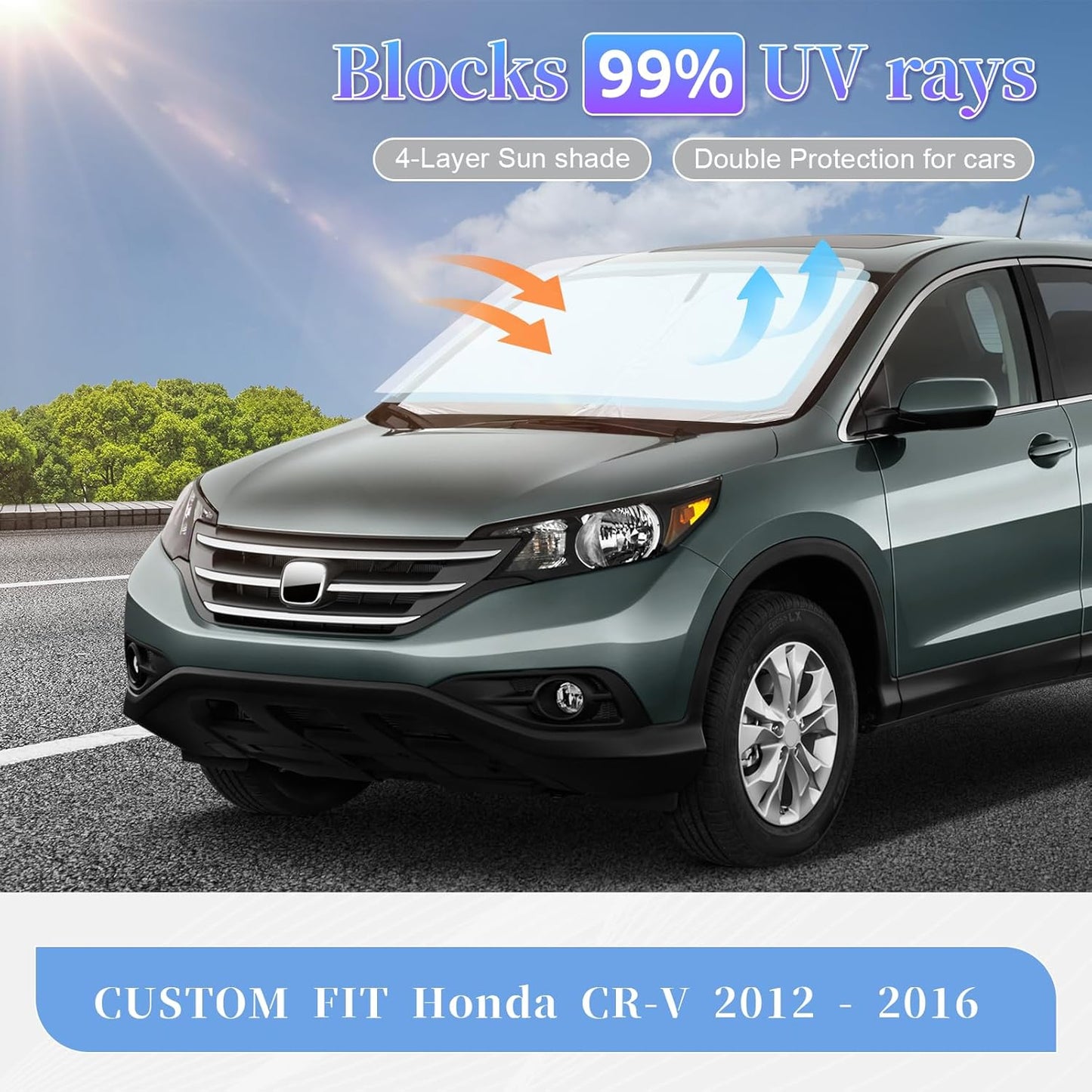 for Honda CR-V CRV 2012-2016 Sun Shade Sunshade Windshield Cover, 4-Layer Front Window Shade Custom Fit CR-V SUV, LX, EX, EX-L, EX-L Navi,Touring Sun Visor 240T Fabric Shade Sun Protection