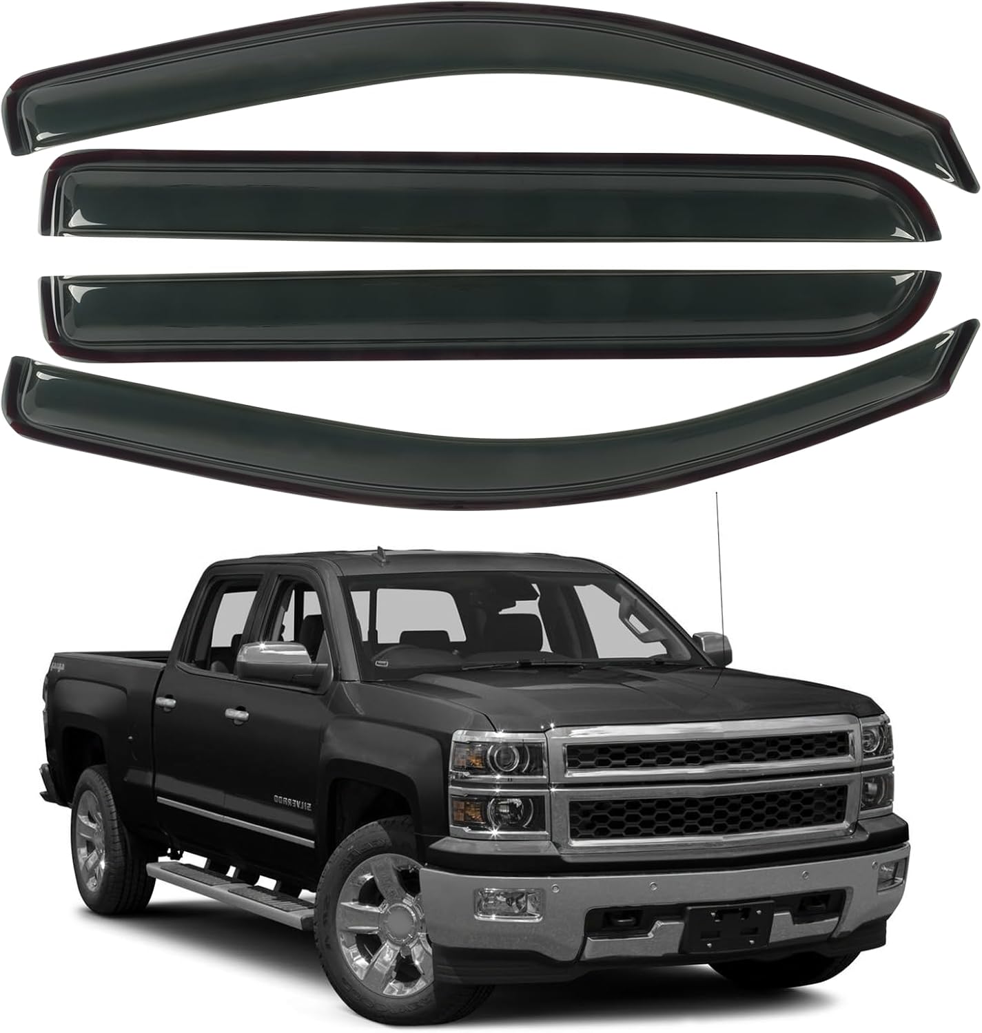 Rain Guards for 2014-2018 Chevrolet(Chevy) Silverado & GMC Sierra 1500 Crew Cab,Window Visors Vent Deflector Shade Smoke for 15-19 Silverado & Sierra 2500HD/3500HD, Tape-On, 4PCS