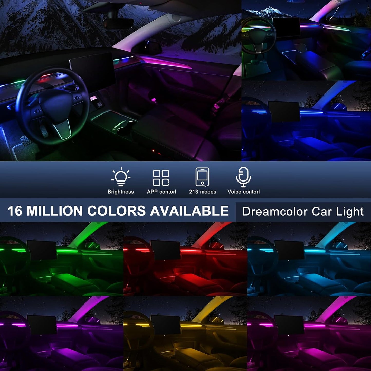 Dreamcolor Acrylic Interior Car LED Strip Light with USB Hub, 55.1 inches Fiber Optic Ambient Lighting Kits, RGB+IC Colors Sound Active Function Neon LED Strip