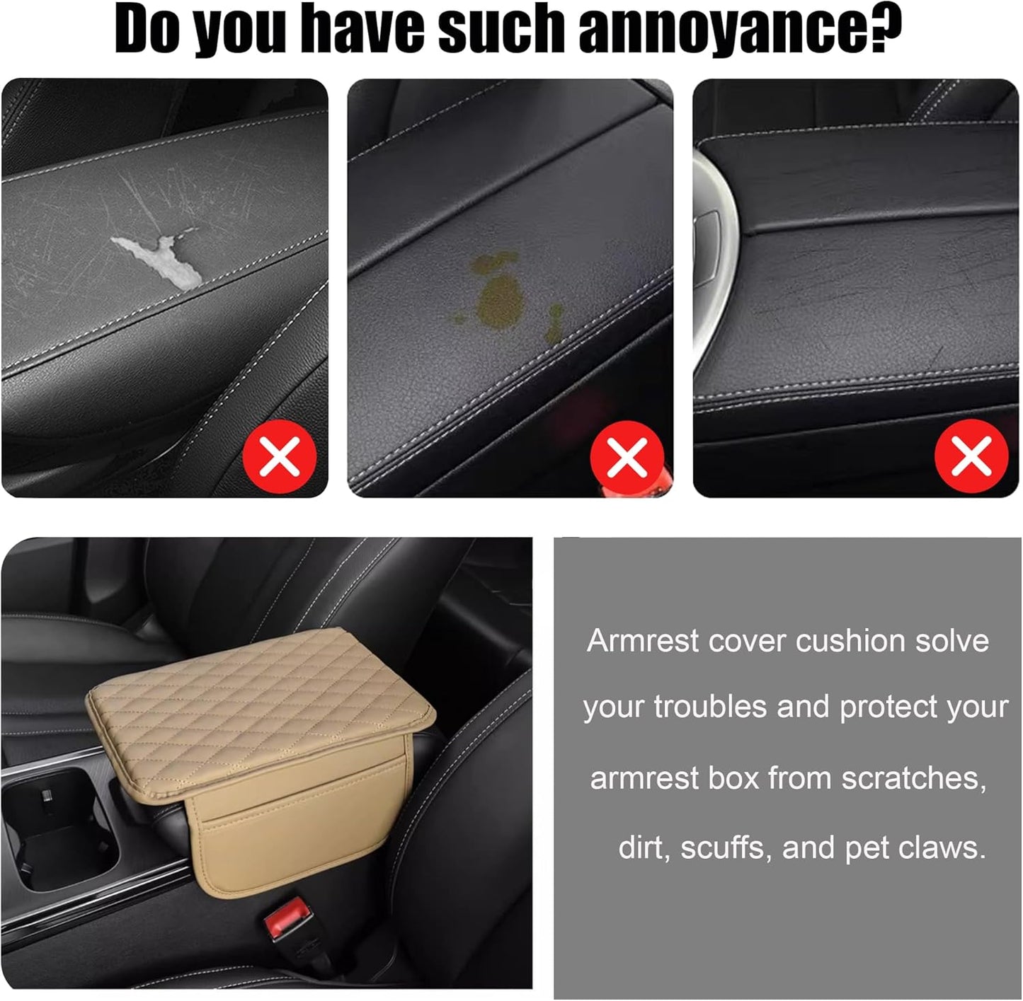 Car Center Console Cover, Upgraded Leather Armrest Seat Box Cover with 2 Storage Bags, Universal Waterproof Car Armrest Cover Cushion Comfortable Car Decor Accessories for Most Vehicles (Beige)