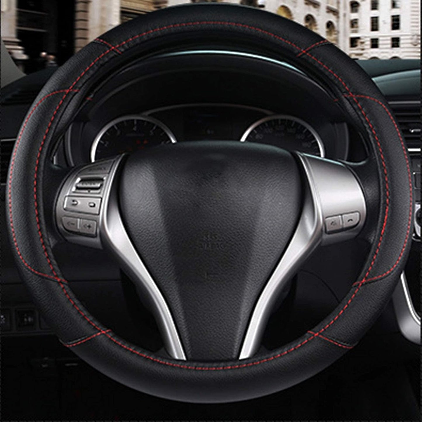 Leather Car Steering Wheel Cover, Non-Slip Car Wheel Cover Protector Breathable Microfiber Leather Universal Fit for Most Cars(Black)