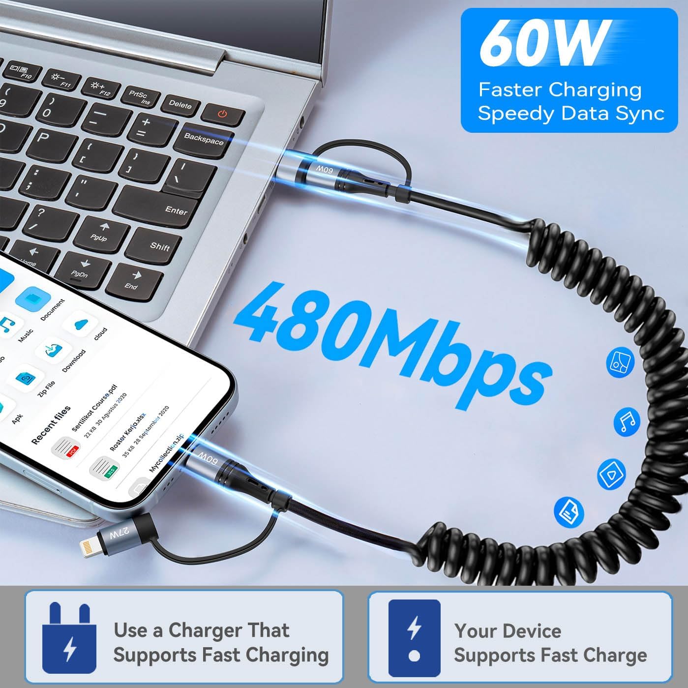 Coiled Lightning Cable [2Pack 4FT] 4 in 1 Multi Charging Cable 60W Fast Charging Retractable Charger Cord for iPhone 15/14/13/12/11 Pro Max/XS MAX/XR/XS/X/8/7/6 Plus/iPad/AirPods/MacBook/CarPlay