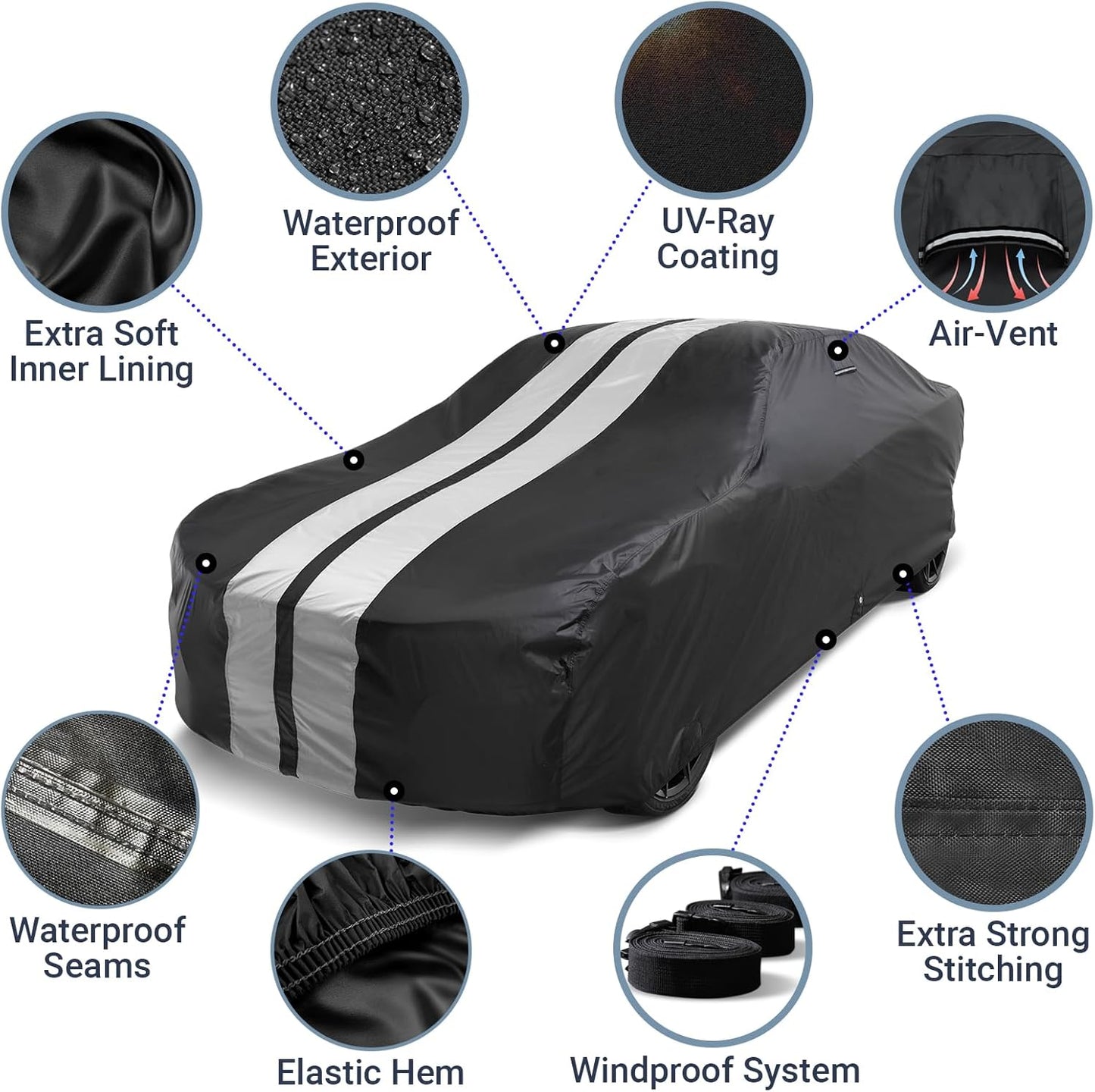 iCarCover Custom Car Cover for Chevy Cosworth Vega (1975-1976) Waterproof All Weather Rain Snow UV Sun Protector Full Exterior Indoor Outdoor Car Cover (Stripe - Black/Gray)