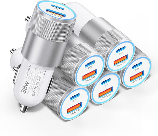 Car Charger USB C 6-Pack, Ancekoy 38W Dual Port Cigarette Lighter with PD3.0 + QC3.0 Type C Car Charger Adapter iPhone 16/15 Pro Max/Samsung Galaxy S24/S23/S22Plus/Ultra/,iPad Pro(White)