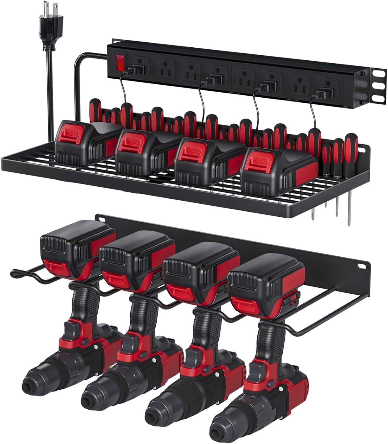 Power Tool Organizer With Charging Station, Wall Mount Drill Holder, Screwdriver and Battery Organizer, Heavy Duty Rack for Garage, Workshop, Tool Room, Workbench
