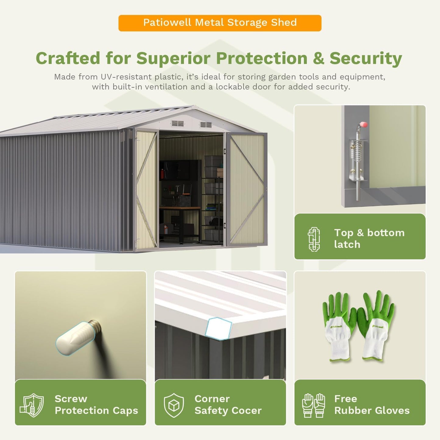 Patiowell 10 x 12 FT Metal Storage Shed for Outdoor, Steel Yard Shed with Design of Lockable Doors, Utility and Tool Storage for Garden, Backyard, Patio, Outside use, Gray