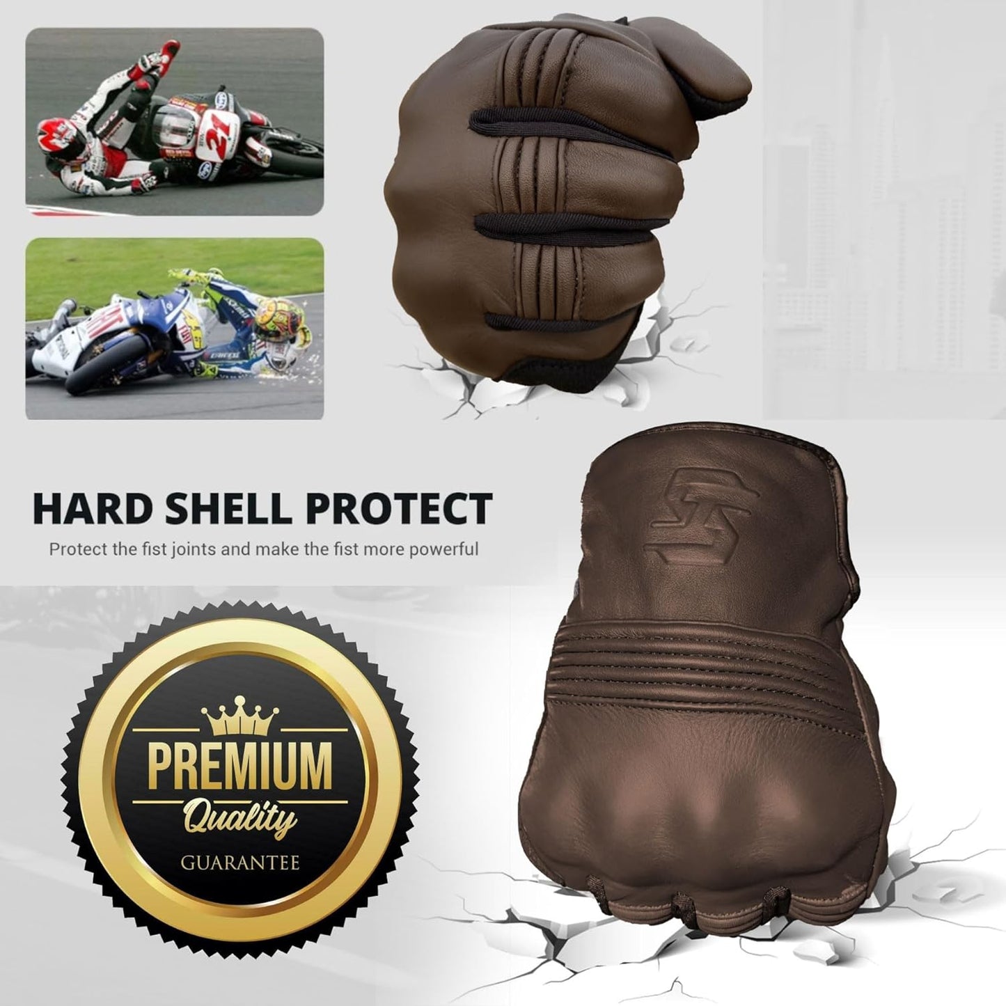 Leather Motorcycle Gloves for Men and Women | Touchscreen | Full Finger | Goatskin Leather Hard Knuckle Motorcycle Riding Gloves (Classic Brown, X-Large)