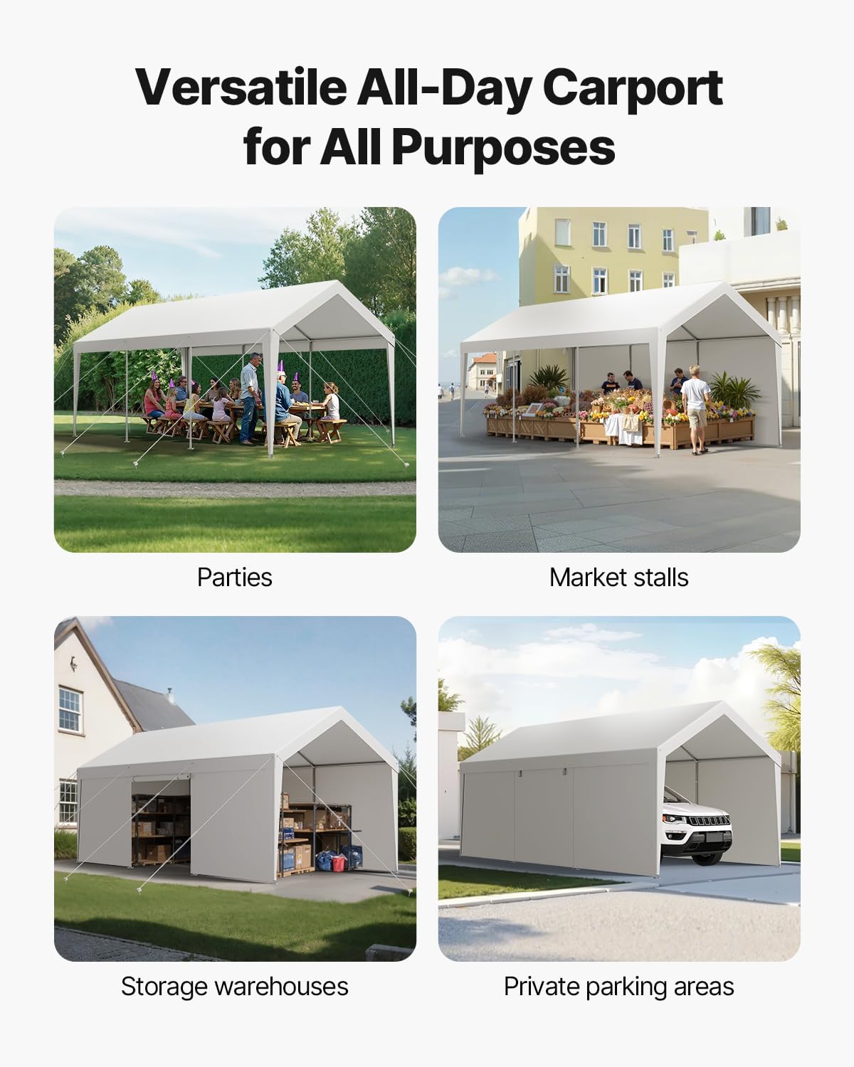 VEVOR Carport, 12 x 20 FT Outdoor Car Canopy, Potable Carport with Removable Sidewalls & Door, Heavy Duty Car Shelter, UV-Resistant & Water-Resistant, All-Season Protection for Automobile Boat White