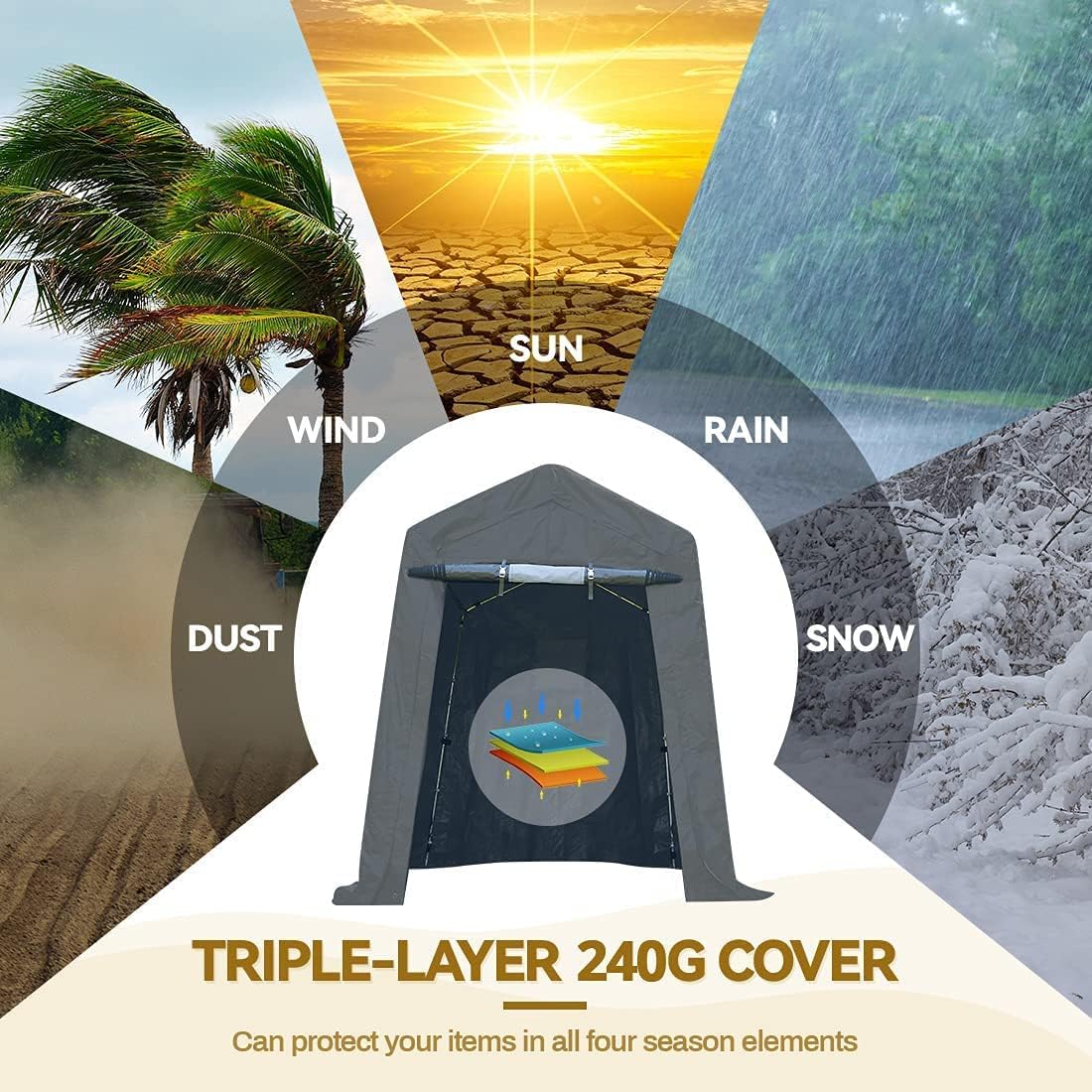 ADVANCE OUTDOOR 6x8 ft Outdoor Portable Storage Shelter Shed with 2 Roll up Zipper Doors & Vents Carport for Motorcycle Waterproof and UV Resistant Portable Garage Kit Tent, Gray