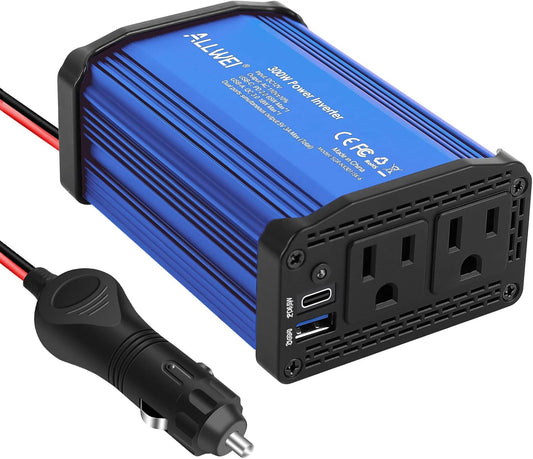 ALLWEI 300W Car Power Inverter DC 12V to 110V AC Power inverters for Vehicles Converter USB-C PD65W/18W USB Fast Charging Ports Car Charger Adapter (Blue)