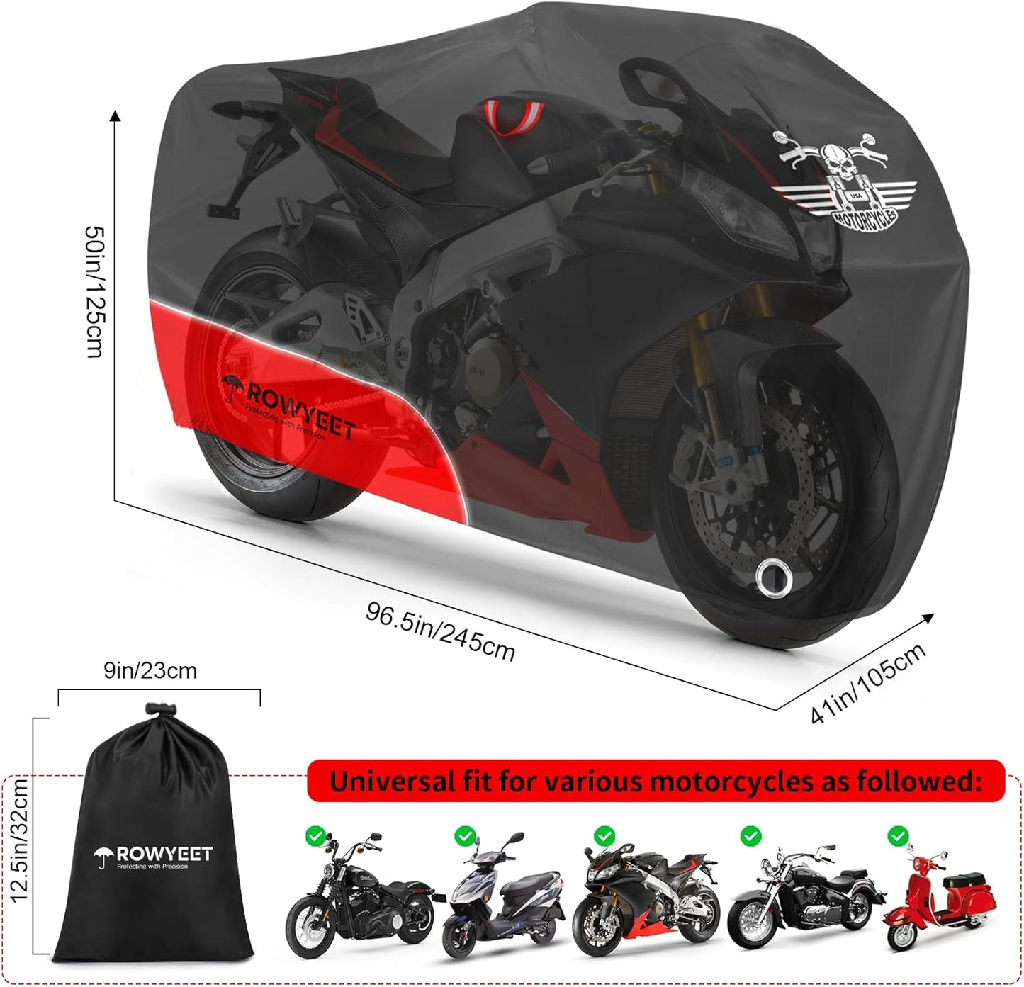 Motorcycle Cover Waterproof Outdoor Storage with Lock-Holes, Storage Bag & Night Reflective Design, Heavy Duty Protection Powersports Vehicle Covers Fits up to 96.5"-116" (420D Red, 96.5")