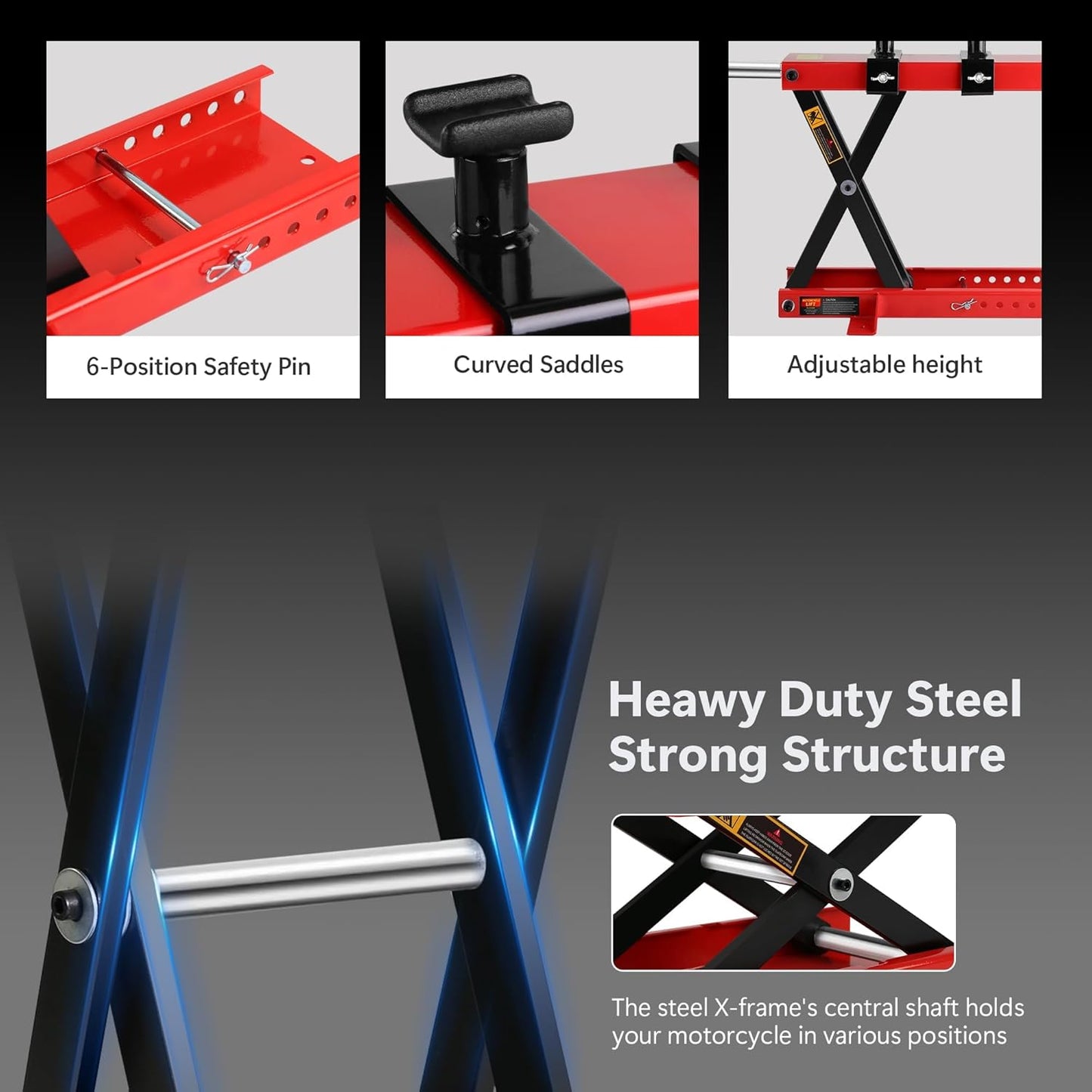 Motorcycle Scissor Lift Jack 1100LBS, Heavy Duty Bike Lift with Safety Lock Pin & Non-Slip Saddle, 3.7"-18.7" Lift Range for Cruisers, ATVs, Dirt Bikes