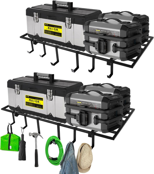 Garage Wall Shelving, 2X4ft Garage Storage Rack,Heavy Duty Wall Mounted Storage Shelf With 12 pc Hooks-Each Loads 260lbs Metal Wall Shelf,Black,2Pack