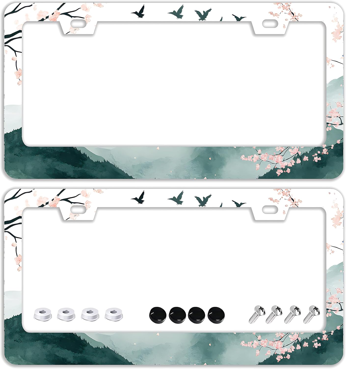 Mountains Cherry Blossom License Plate Frames - 2 Pcs Set 2 Holes Stainless Steel Metal Auto Car Accessories Decoration License Plate Frame Cover Size 6.3" x 12.2" Fit US Vehicles for Women Men Gift