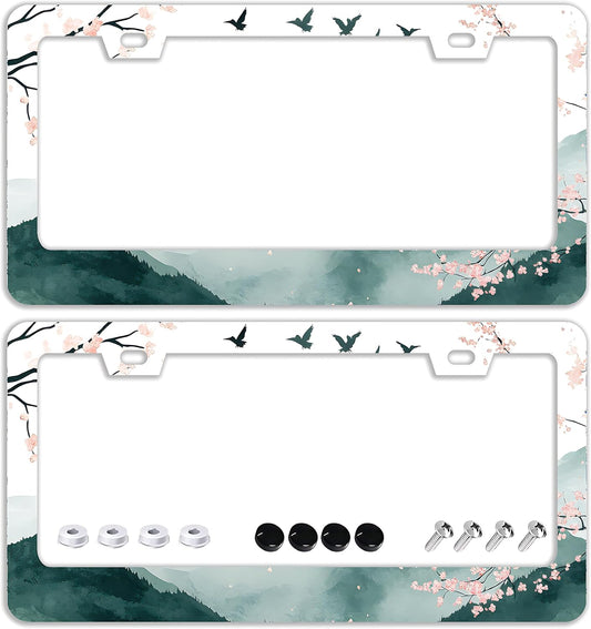 Mountains Cherry Blossom License Plate Frames - 2 Pcs Set 2 Holes Stainless Steel Metal Auto Car Accessories Decoration License Plate Frame Cover Size 6.3" x 12.2" Fit US Vehicles for Women Men Gift