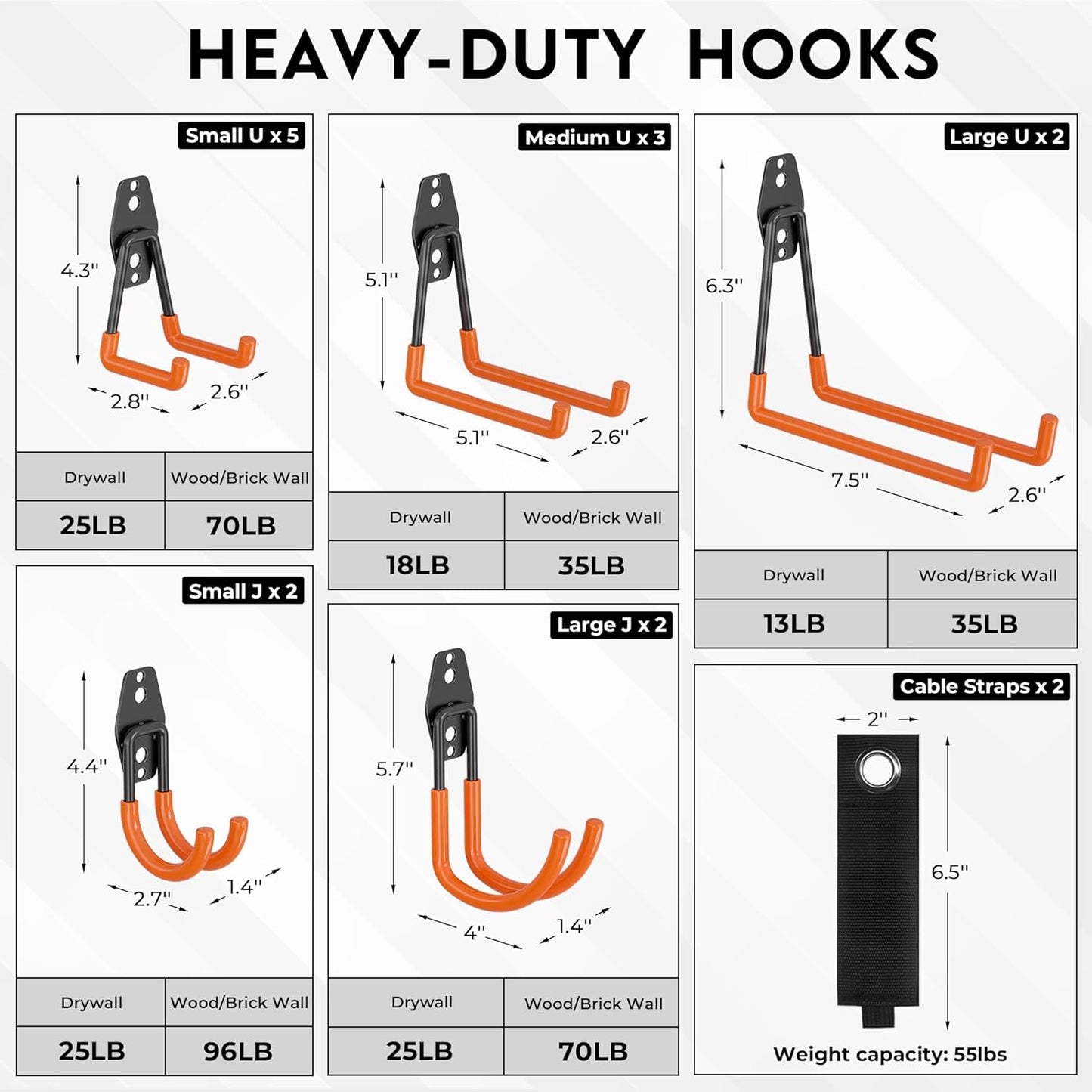 BONTEC Heavy Duty Garage Hooks, Anti-Slip Coated Black Steel with Strong Load Capacity, Multi-Sized U and J Hooks, Easy Wall Mount for Garage, Garden, Workshop (Orange, 16 Pack)