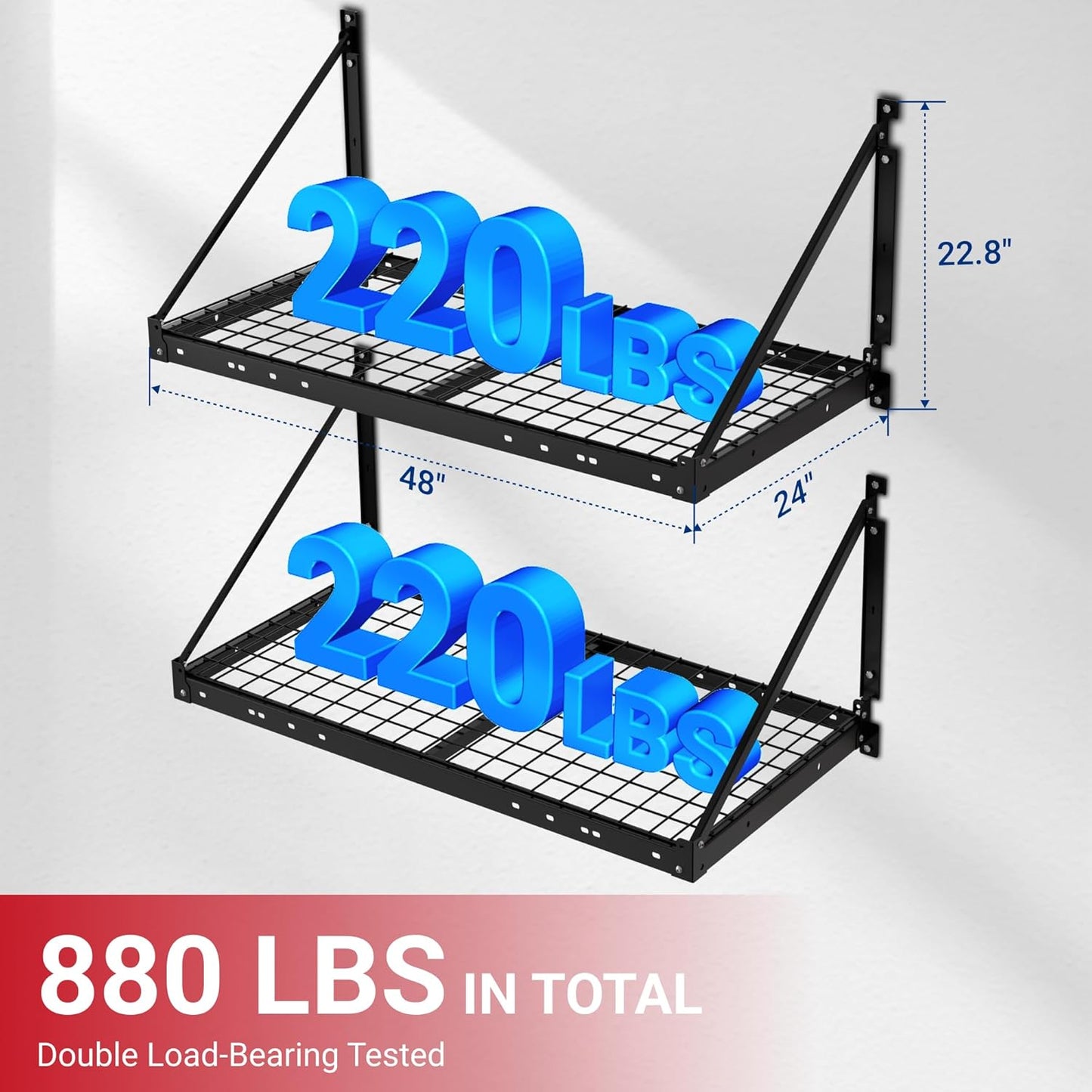 FLEXIMOUNTS 2-Pack 2x4ft Garage Wall Shelving - Heavy Duty Garage Storage Rack, 440 lbs Load Capacity with Brace Guardrail, Organization System for Tools, Heavy Bins, Sports Equipment, Utility Room
