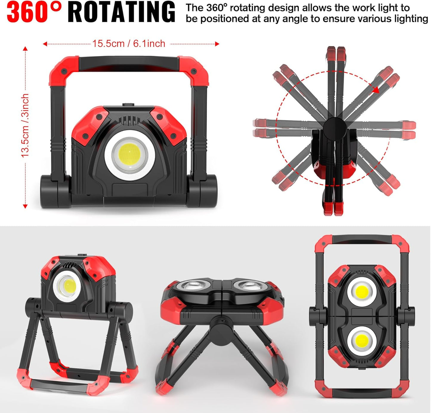 Adelante Rechargeable LED Work Light with Magnetic Bases, 2500LM 6500K 12 Hours Long Lasting, Mobile Charger, 360°Rotating Stand Waterproof USB Portable Flood Light for Mechanics, Repairing