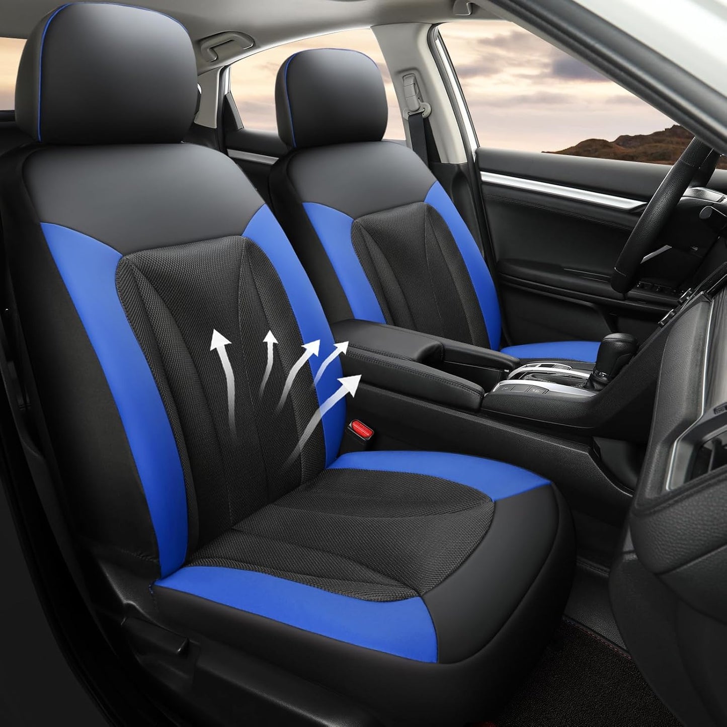 GIANT PANDA 2 Front Leather Car Seat Cover for Hyundai,3D Air Cool Mesh Thick Seat Covers Custom Fit Hyundai Sonata Elantra Santa Fe Tucson Accent Kona Palisade Genesis Venue Ioniq (Blue+Black)