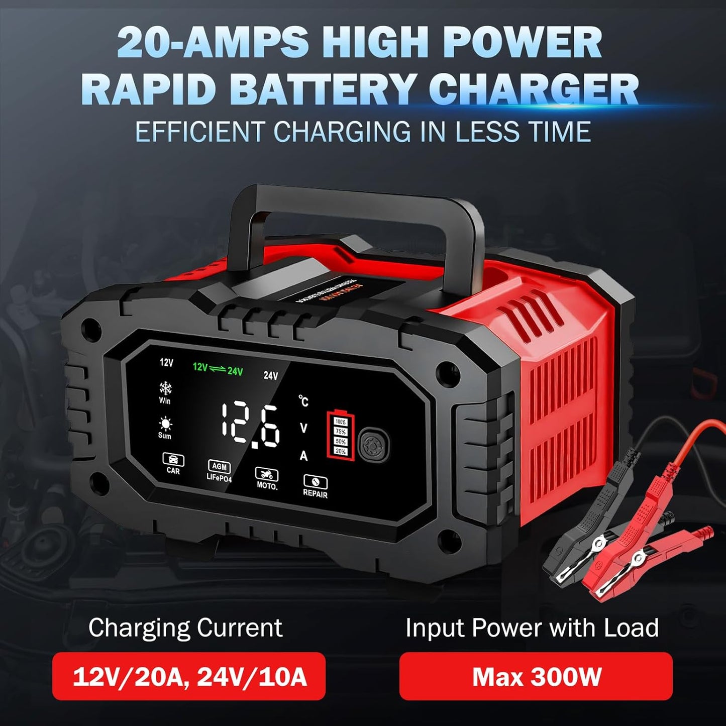 20-Amp Car Battery Charger, 12V/20A and 24V/10A LiFePO4,Lead-Acid(AGM/Gel/SLA) Automatic Smart Trickle Charger Maintainer,Desulfator, 300W Fast Charging for Automotive Truck Motorcycle Lawn Mower Boat