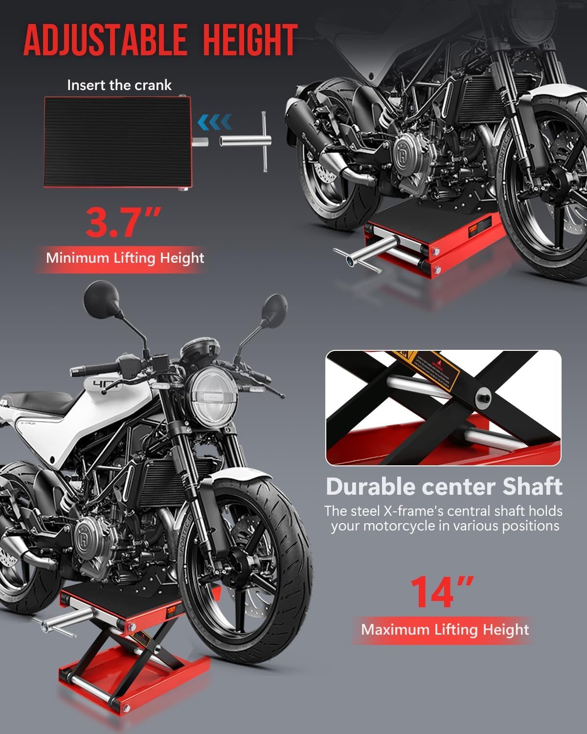 Motorcycle Scissor Jack - 1100LBS Heavy Duty Motorcycle Lift with Safety Lock Pin & Non-Slip Saddle, Manual Crank Handle, 3.7"-18.7" Lift Range for Dirt Bike Stand, Cruiser & ATV Garage Repair