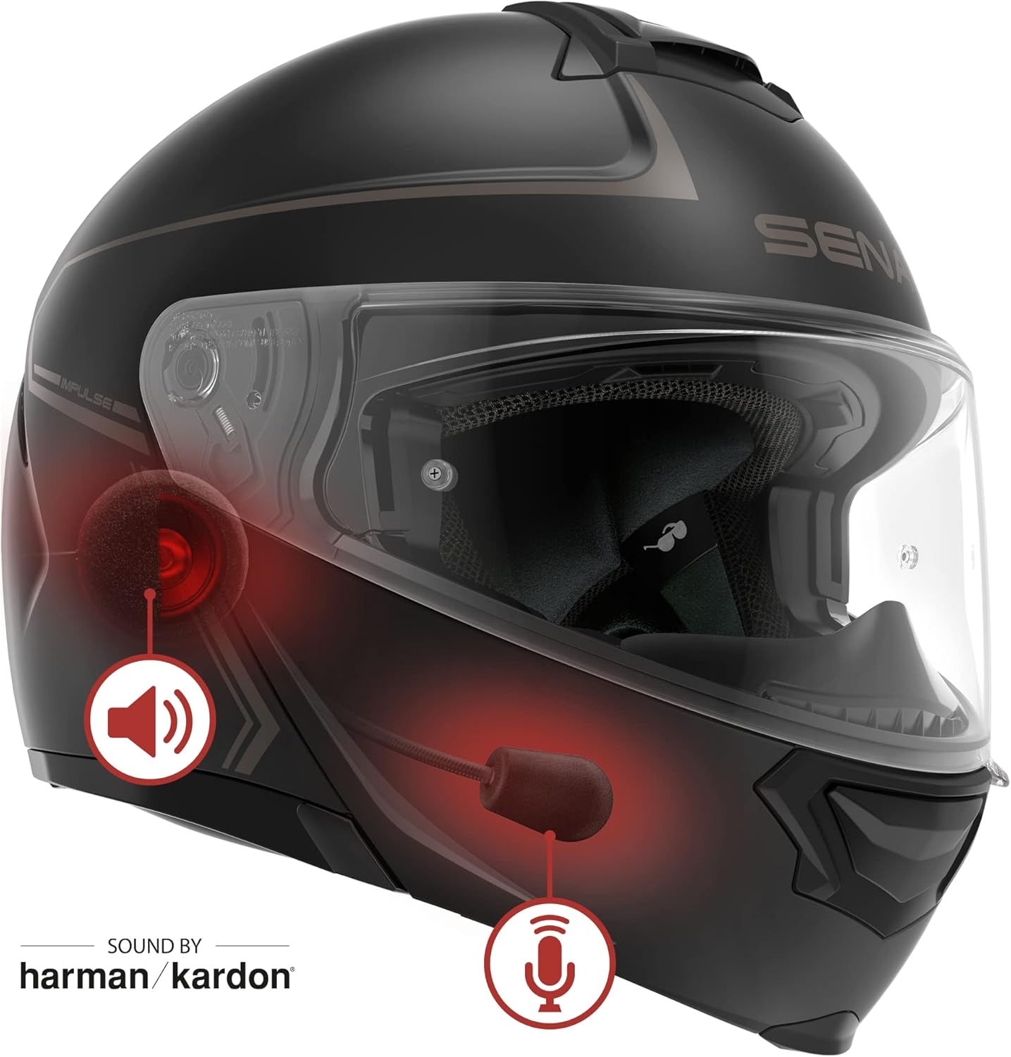 Sena Impulse DOT Flip Up Modular Bluetooth Helmet w/Sound by Harman Kardon Dual Visor Helmet with Integrated Mesh Intercom System / MP3 / Voice Dial (Matte Black, Medium)