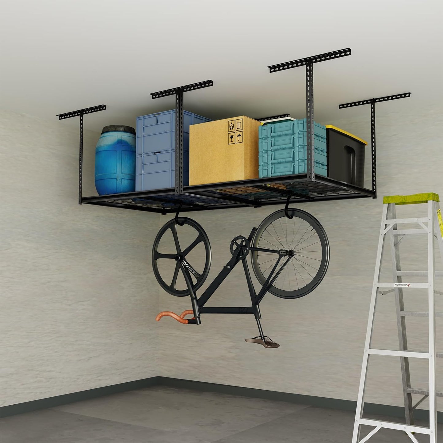 The Atlas 4 x 8 ft Adjustable Height Overhead Garage Storage Rack 900 lbs Heavy Duty Capacity Hammertone Finish