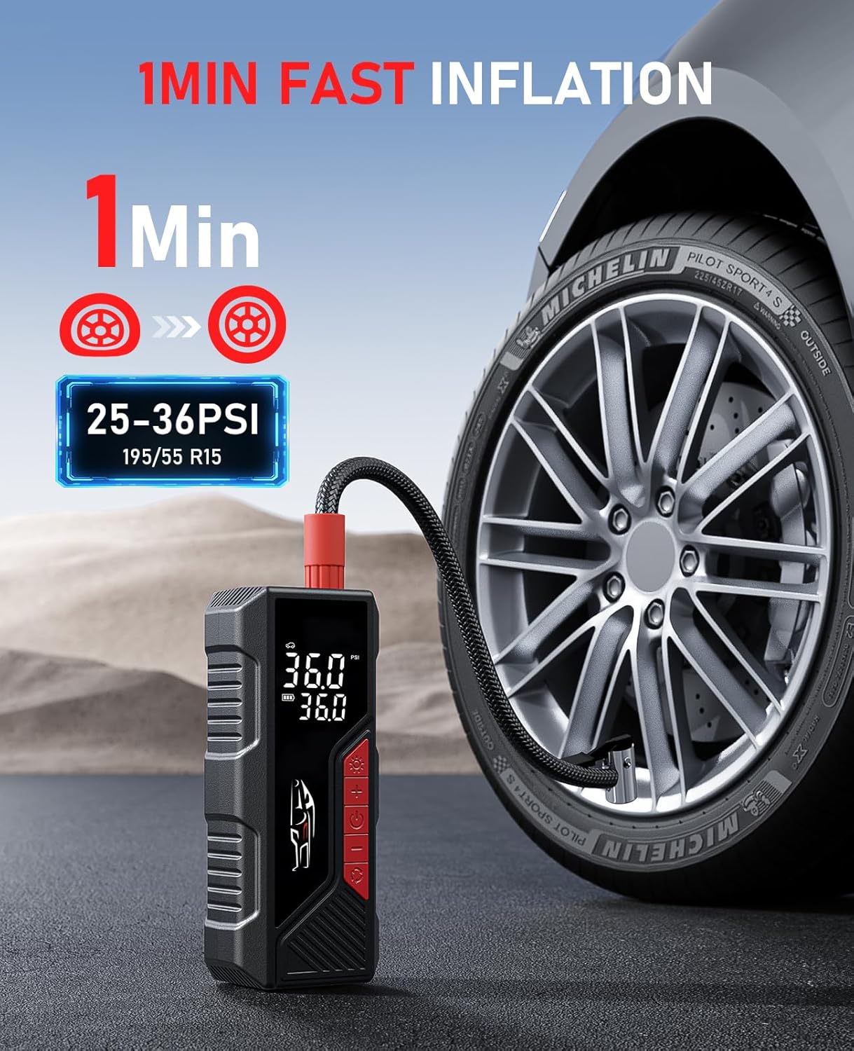 Tire Inflator Portable Air Compressor, Cordless Air Pump for Car Tire 150PSI, Battery & 12V DC, Electric Bike Pump with Pressure Gauge, Auto Shutoff, for Bicycle, Ball, Motorcycle Accessories