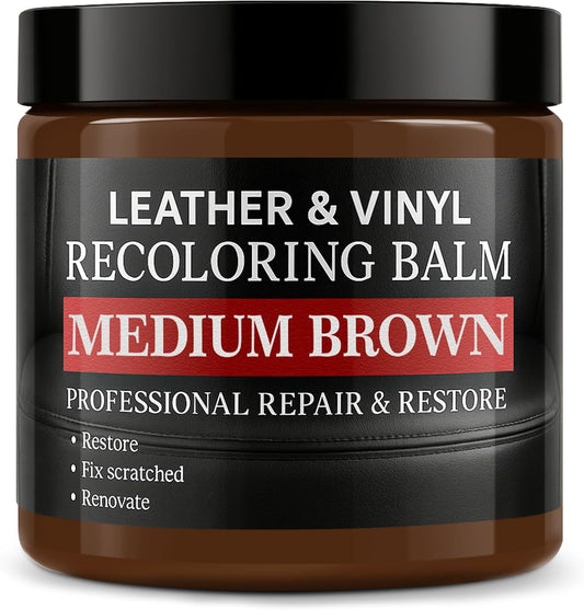 Leather Color Restorer, Leather Recoloring Balm, Scratch Remover, Leather Dye, Leather Paint, Leather Repair Kit for Furniture Couches Car Seats Shoes Bags, Medium Brown