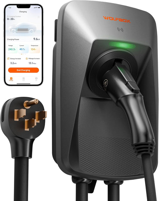 WOLFBOX Level 2 ev Charger 40 Amp J1772,ev Charger Level 2 with NEMA 14-50 Plug 25ft Cable,Smart APP&RFID Card Control,240V Electric Vehicle Charging Station for Electric Automobile(WE40)
