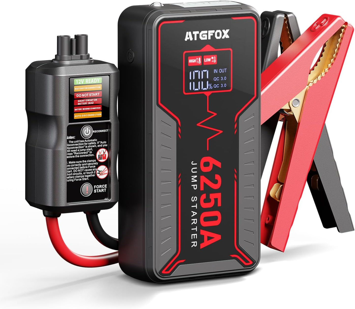 6250A Jump Starter Portable with Smart Clamp, ATGFOX 12V UltraSafe Car Battery Booster Pack for Trucks, up to 8.5L Gas/6.0L Diesel, Jump Box, 16000mAh Power Bank & Jumper Cables, Quick Charge