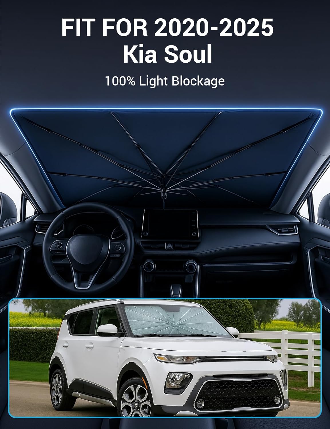 Proadsy Windshield Sun Shade Umbrella for Kia Soul 2020-2025 2026 Foldable Car Umbrella Sunshade with Soft TPU Handle Spring Structure Crystal Cooling Material Protect Car from Rays & Heat