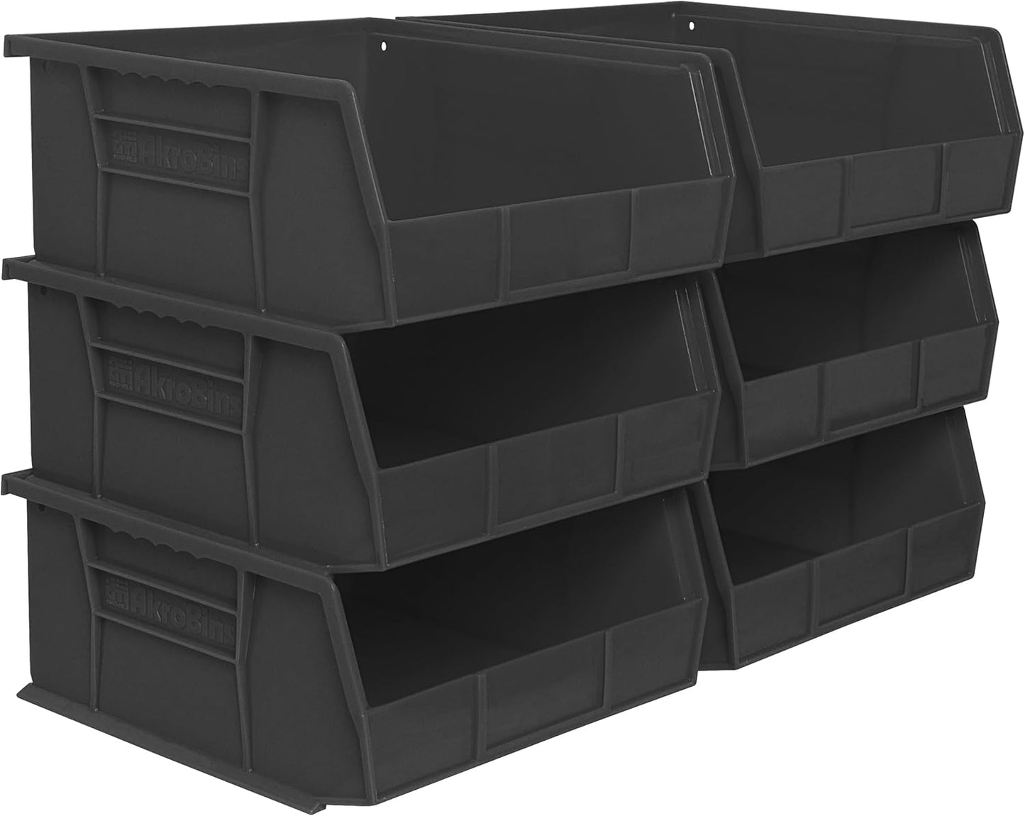 Akro-Mils 30235 AkroBins Plastic Storage Bins, Space-Saving Stackable Bins for Garage, Pantry, Craft Organization, 11-" x 11-" x 5-", Black, 6-Pack