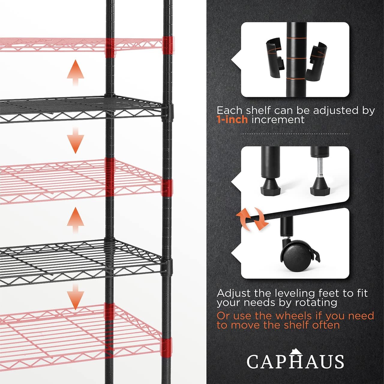 CAPHAUS 3/4/5-Tier Adjustable Height Wire Shelving Unit, Wire Rack Shelving, Metal Steel Storage Shelves, Garage Shelving Storage Organizer, Utility Storage Shelf, 5-Tier With Wheels, Black
