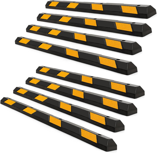 Rubber Parking Curb Garage Floor Stopper, 72" Heavy Duty Parking Lot Stopper with Yellow Reflective Stripes, Guide Wheel Stopper for Car, Truck, RV, Trailer, Driveway (8 Pack)