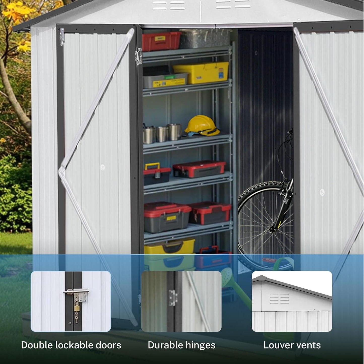 10 x 8 FT Outdoor Storage Metal Shed, Bike Garden Tool Shed with Slooping Roof, Lockable Doors and Aluminum Frames, Shed Easy to Assemble for Garden, Patio, Lawn, White