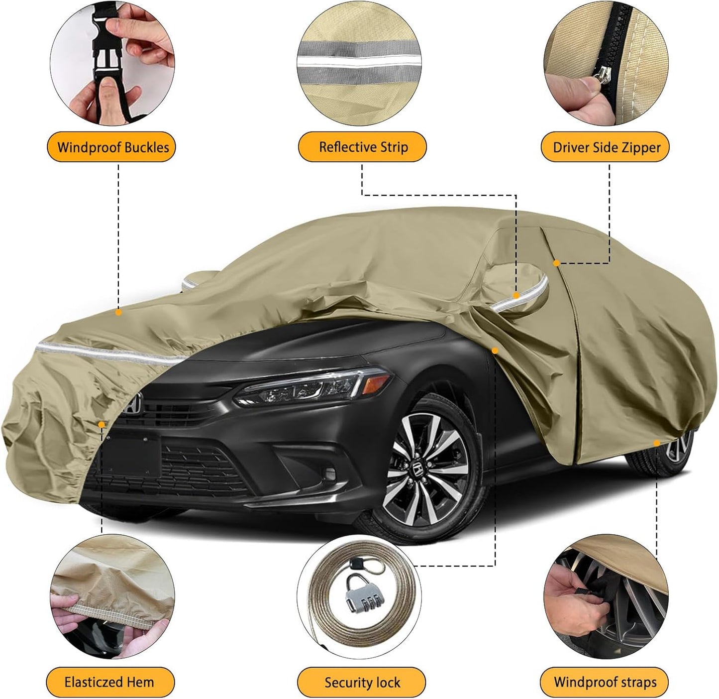 Waterproof Car Covers Replace for 2007-2025 Honda Accord, Multilayer Heavy Duty with Cotton Liner All Weather Custom-fit Car Cover with Zipper Door, Windproof Bands for Snow Rain Dust Protection
