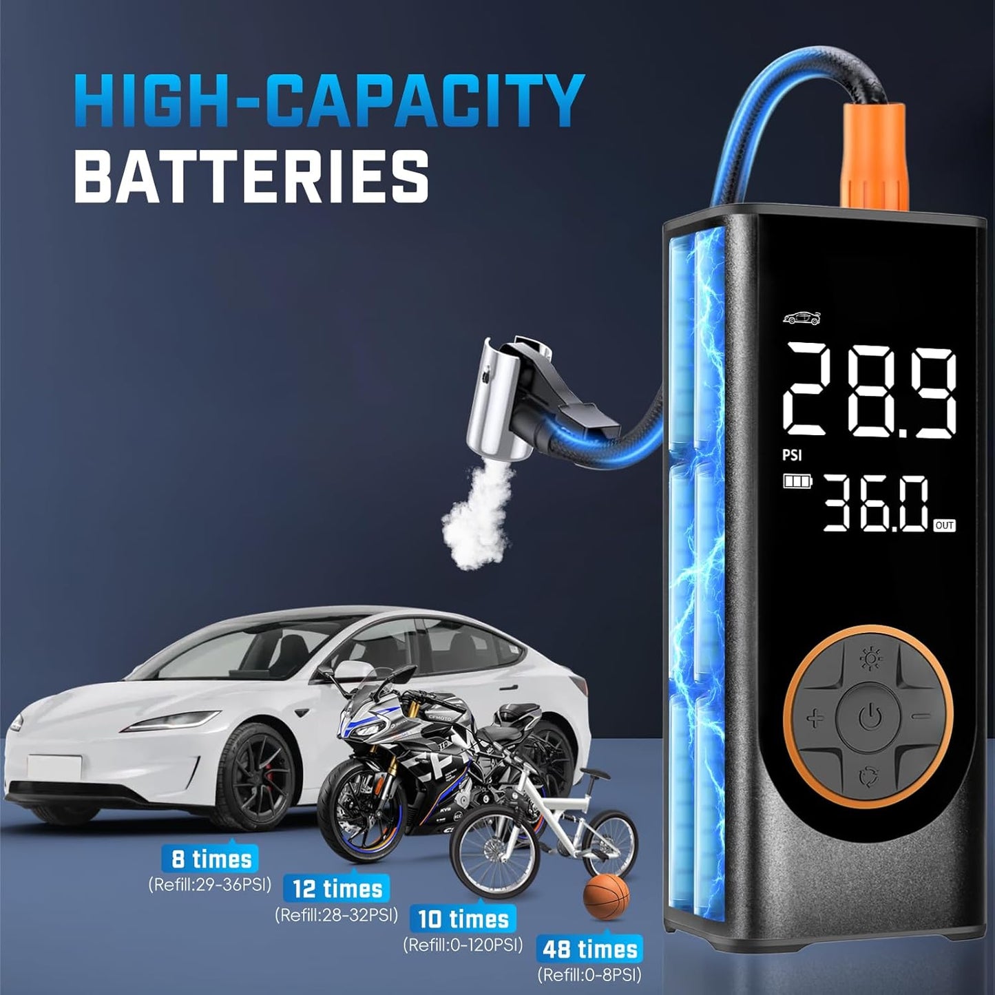 Tire Inflator Portable Air Compressor, 150PSI Cordless Air Pump for Car Tires, 4X Faster 12V DC Tire Pump with Tire Pressure Gauge, LED Light for Cars, Motorcycles, Bikes, Balls (Black)