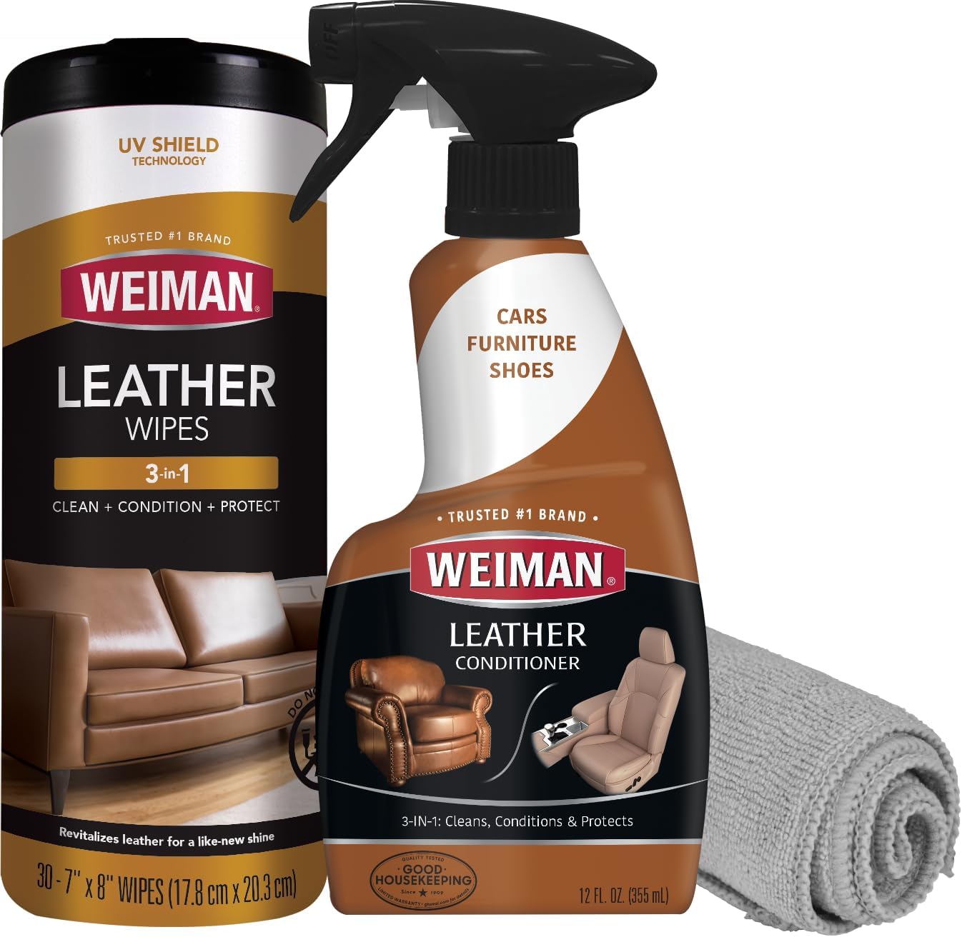 Weiman Leather Cleaner & Conditioner Care Kit | Restores Leather Surfaces | Ultra Violet Protectants Help Prevent Cracking or Fading of Leather Furniture, Car Seats, Shoes