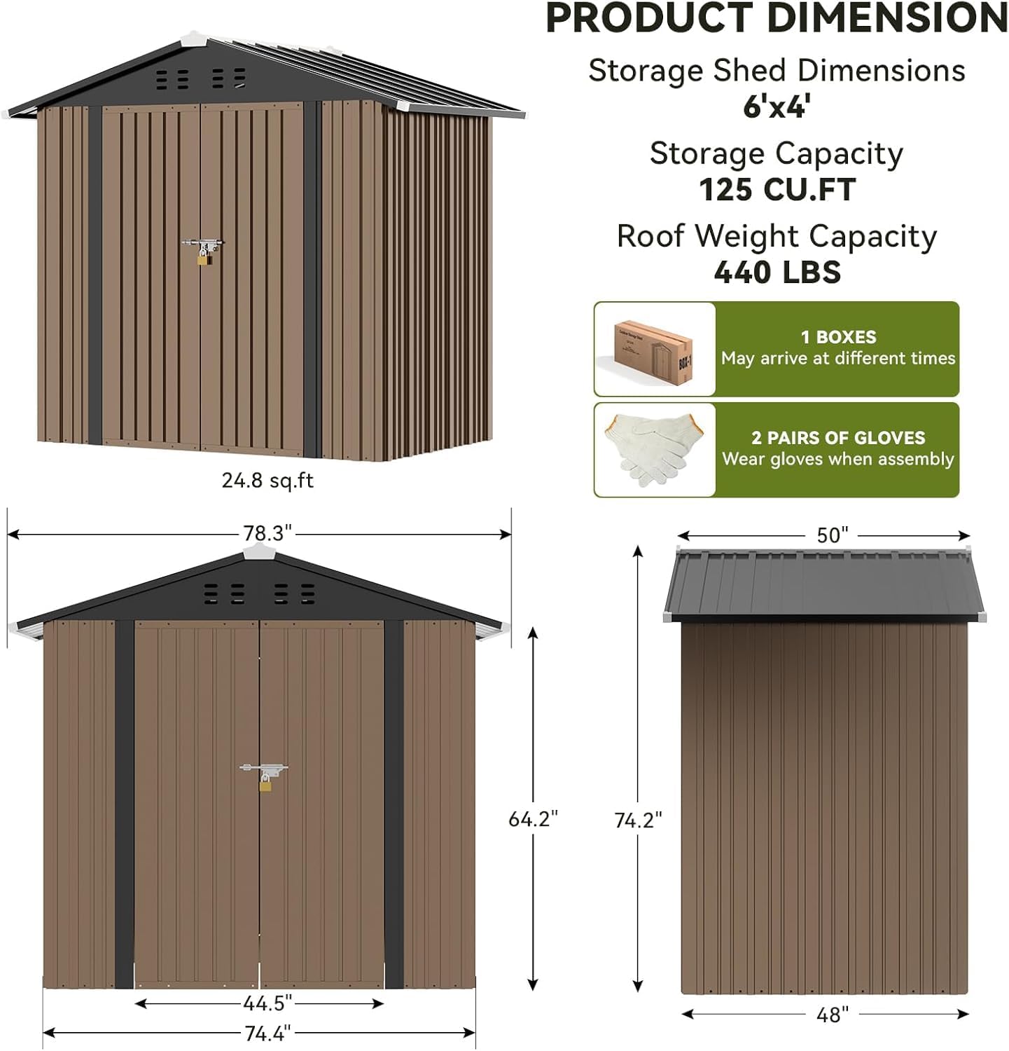 COMHOMA Shed Outdoor Storage Shed Metal,Lockable Doors Tool Sheds with Sloping Roof,Steel Garden Shed with Air Vent for Backyard,Patio,Lawn,Poolside (Brown, 6'*4')