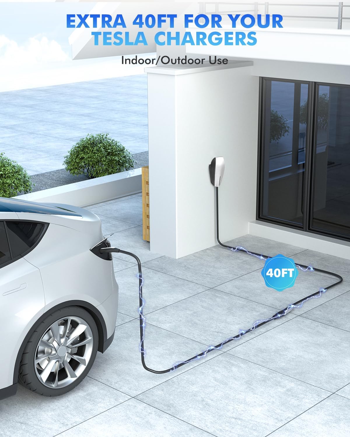 EV Charger Extension Cable for Tesla, 50Amp 40ft Up to 240V 12kW, NACS Plug EV Extension Cord for Tesla Wall Connector/Destination Charger, Compatible with Model Y/X/3/S (Not Fit Tesla Mobile Charger)