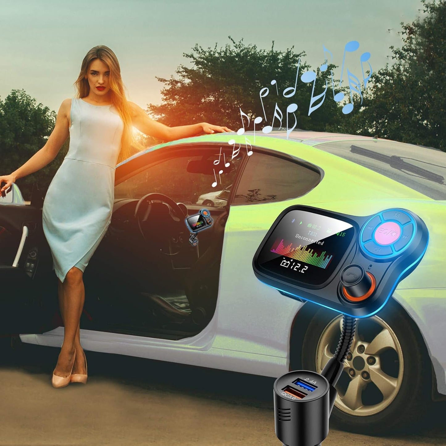 TSNAM Wireless Car Bluetooth Adapter,Radio FM Transmitters HandsFree Call Receiver and MP3 Music/APP Audio Play,QC3.0 and Smart 2.4A Dual USB Charger,1.8" Color Display,Aux Port,TF Card