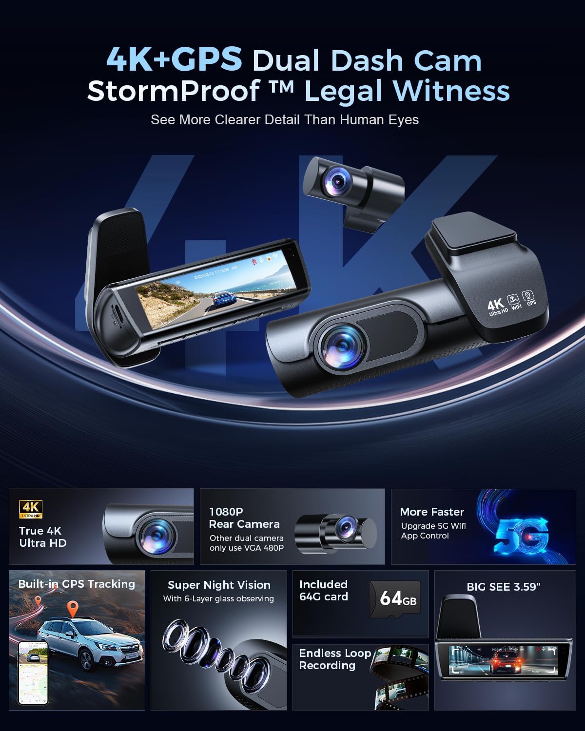 K600 4k Dash Cam Front and Rear, 3.59" IPS Screen, Built-in GPS 5G WiFi Dash Camera for Cars with App, UHD 2160P Night Vision Free 64G SD Card, 170° Wide Angle, HDR, 24H Parking Mode