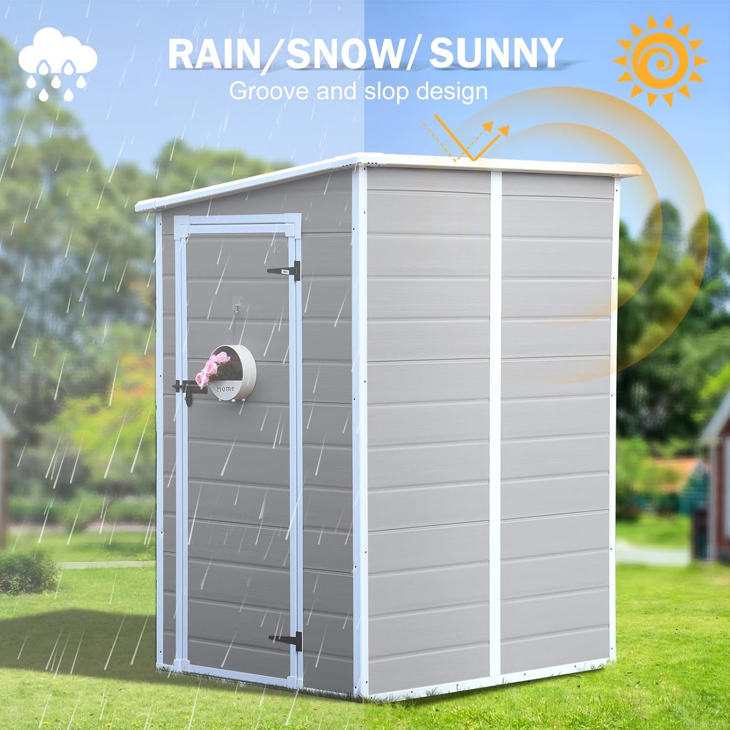 5x4 FT Small Resin Shed, Waterproof Outdoor Shed with Floor, Window, Double Lockable Doors & 2 Vents, Outside Plastic Sheds for Garden Patio Backyard, Sloped Roof, Grey