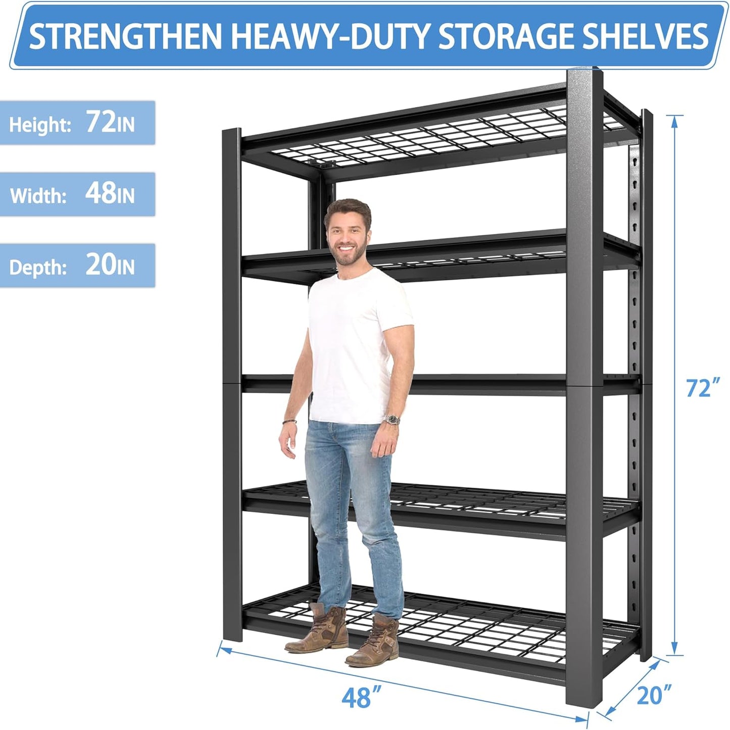 5-Tier Heavy Duty Garage Shelving Unit with Wire Shelves,3000 LBS Capacity Metal Storage Rack 72"H x 48"W x 20"D,Adjustable Boltless Steel Shelves for Garage,Basement,Pantry,Warehouse.1 Pack