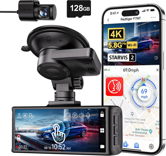 REDTIGER 4K Dash Cam Front and Rear, STARVIS 2 Sensor, Touch Screen 3.18", 128GB Card Included, Voice Control, 5.8GHz WiFi Car Dash Camera, GPS, Night Vision, Emergency Lock, Parking Mode (F7N Touch)