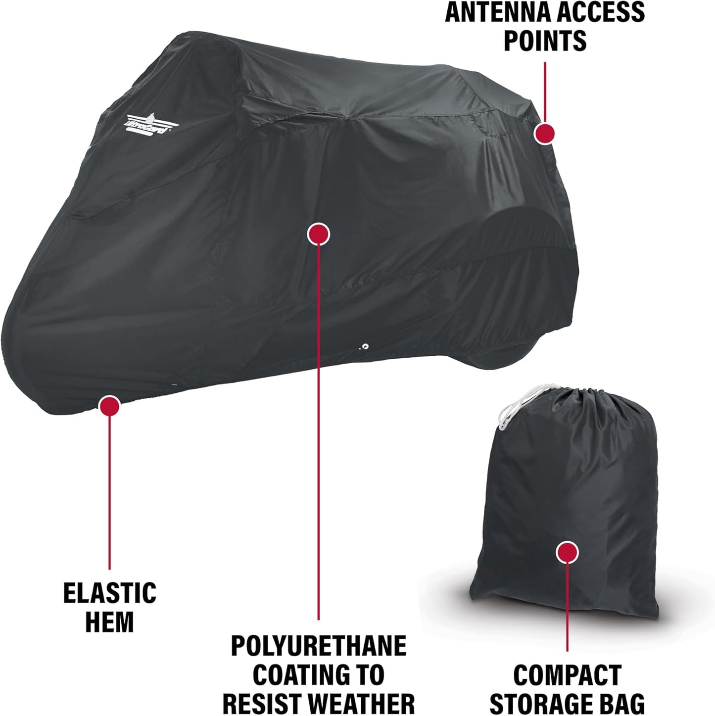 Motorcycle Trike Cover - Weather-Resistant with Elastic Hem, Rustproof Grommets, Storage Bag, Windshield Liner, Antenna Flaps & Expandable Windshield Pockets