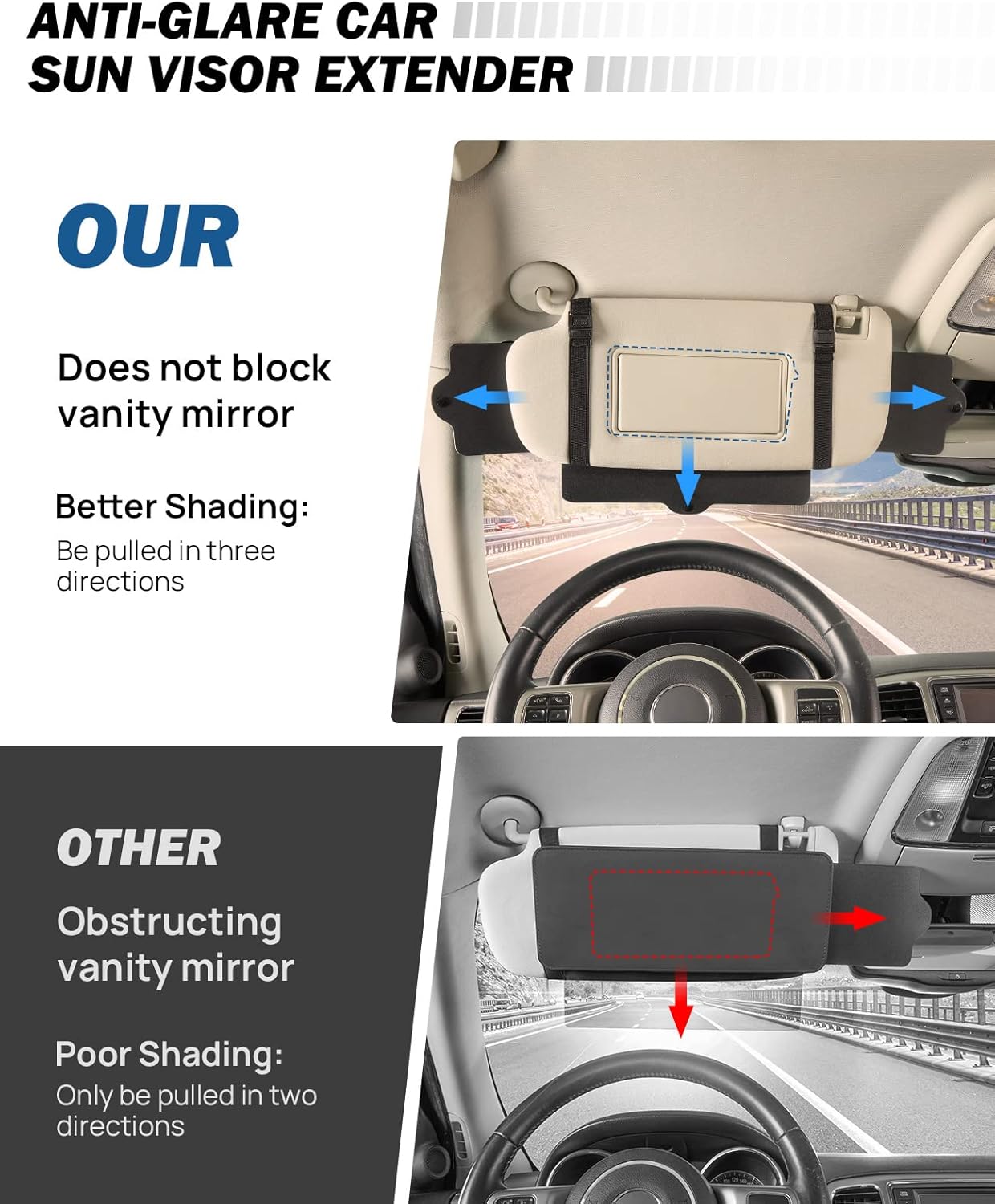 JoyTutus Car Sunshade Extender - Adjustable Sun Visor Protects from Anti-Glare and UV Rays - Windshield Sunshade - 2 Pack for Cars & SUVs