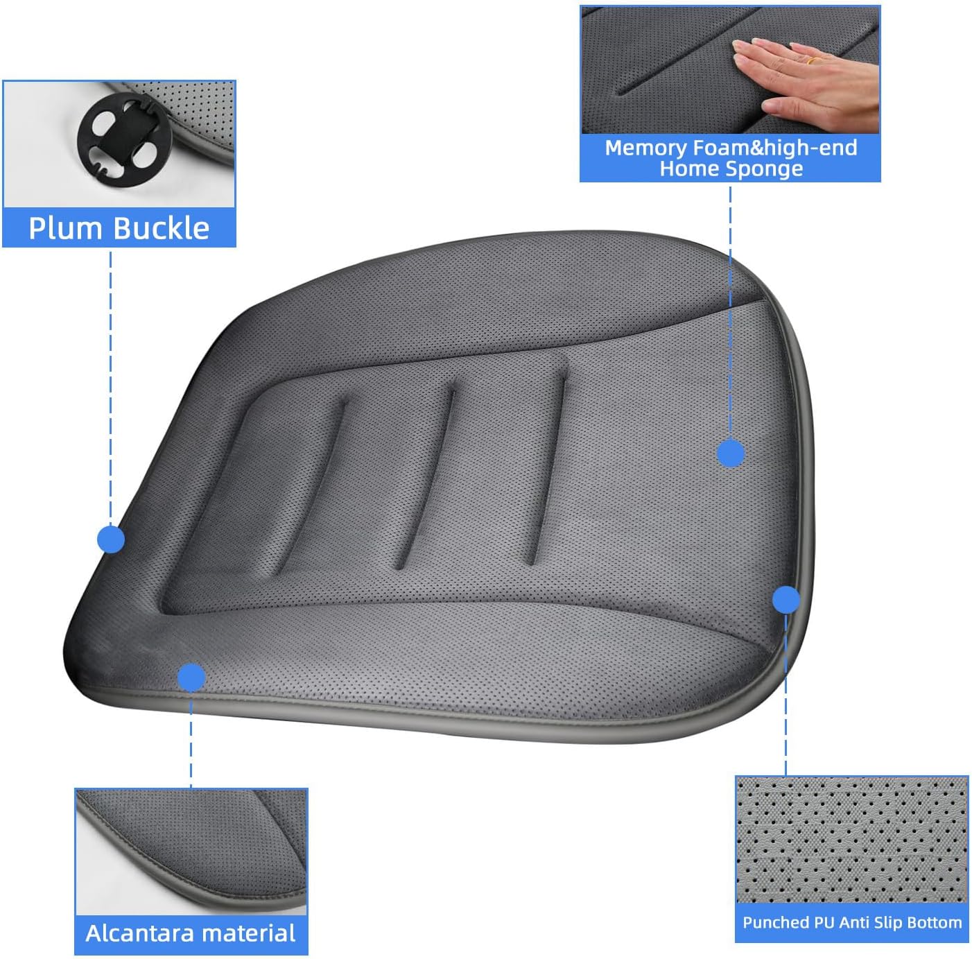 KAYI Car Seat Cushion, Memory Foam Car Seat Cushion, Anti Slip Rubber Bottom Car Seat Cushions for Driving, Suitable for Car and Office Chairs (Grey)