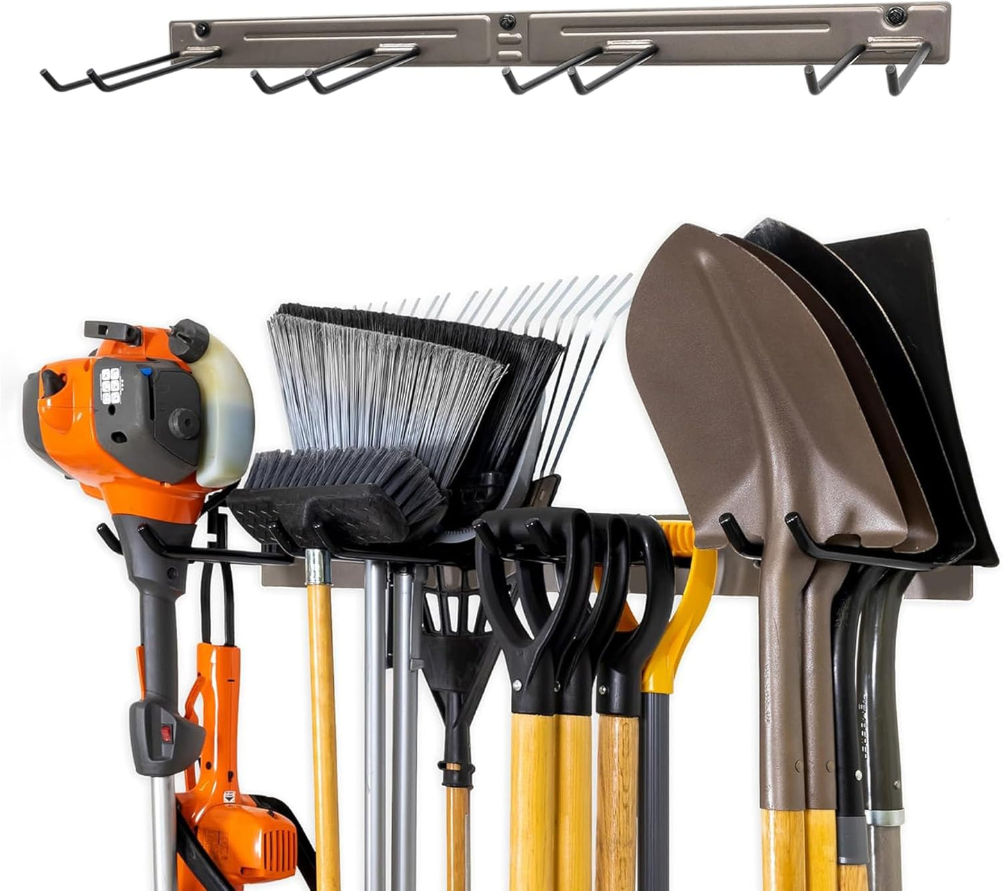 StoreYourBoard Wall-Mounted Rack With 4 Garage Hooks – Heavy-Duty Steel Holder Garage & Garden Storage for Shed, Workshop, or Home Organization – For Rakes, Shovels, Tools & More – 1 Pack, Mud